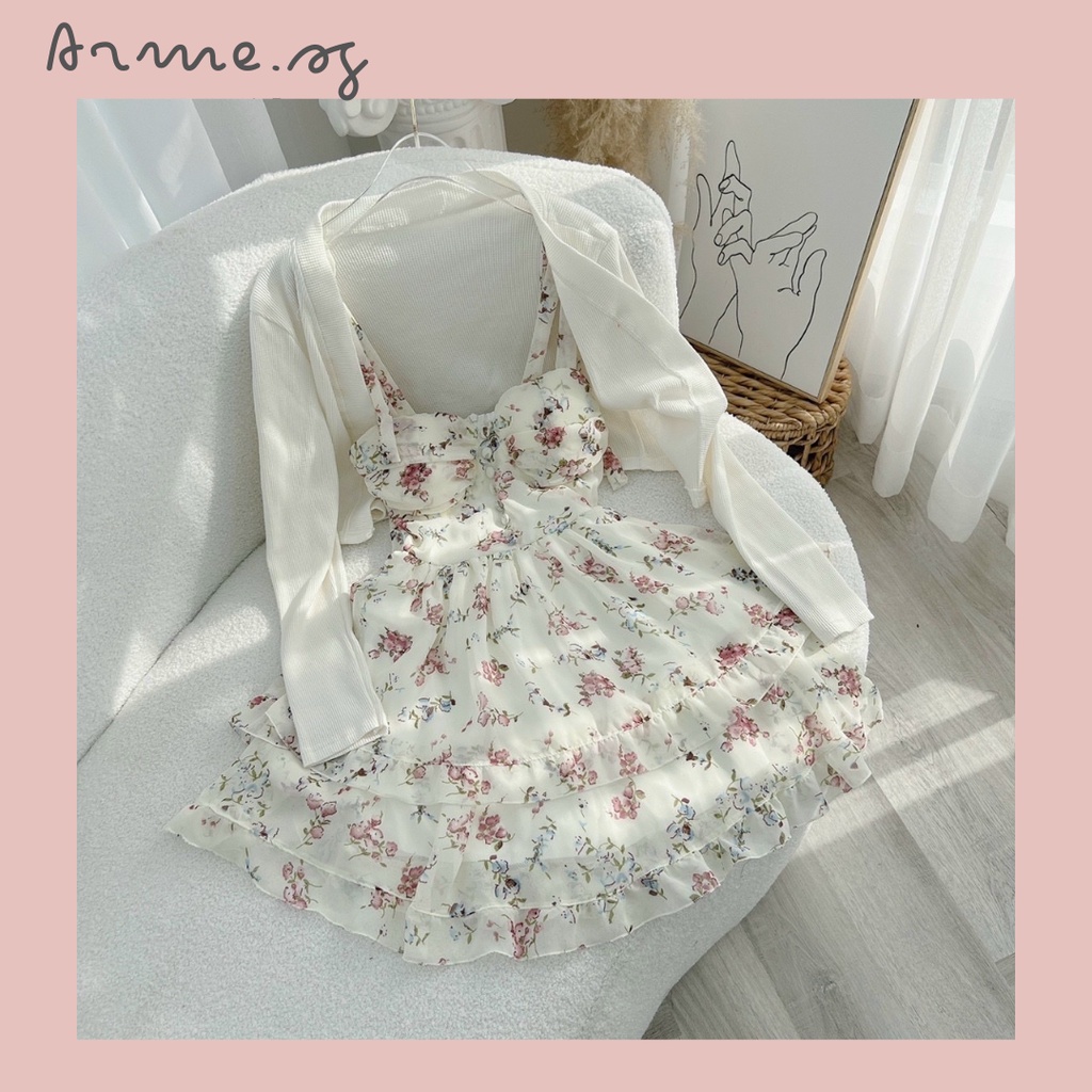 Set đầm hai dây cột vai tầng kèm áo khoác croptop, Đầm hoa nhí tầng đuôi cá tôn dáng hot trend