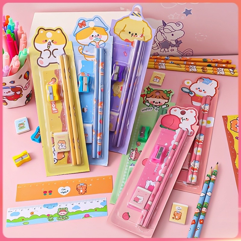 Bộ 2 bút chì kèm gọt, gôm ,thước hoạ tiết dễ thương