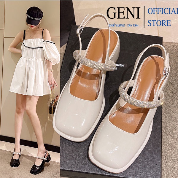 Giày cao đế vuông bít mũi quai ngang đá siêu tiểu thư GENI 090