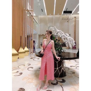 VÁY 2 DÂY CARO ĐỎ XẺ TÀ