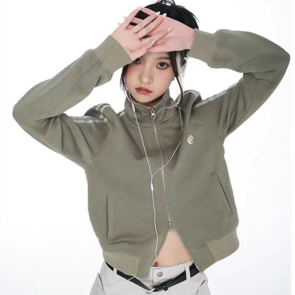 [Cotton Tinh Khiết] Áo Khoác Thể Thao Phối Hai Khóa Kéo Đôi Phong Cách Retro Mỹ Thiết Kế Sense E