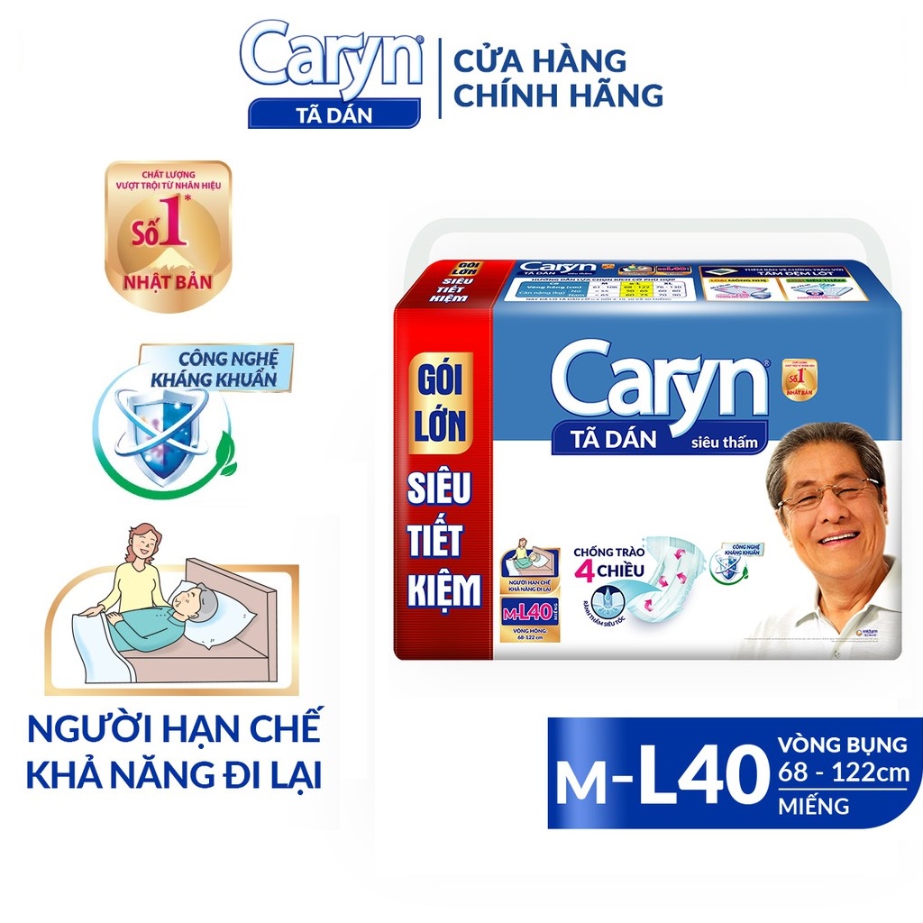 Bỉm người già CARYN dạng dán, Tã người lớn siêu thấm chống trào 4 chiều dành cho người lớn tuổi loại 40 miếng size M/ML