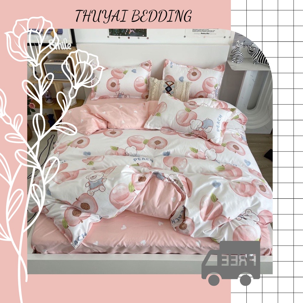 Bộ chăn ga gối Hàn quốc cotton poly - Mẫu đào hồng nhạt. Drap Giường Đủ Kích Thước Trải Nệm 1m, 1m2, 1m4, 1m6, 1m8, 2m2