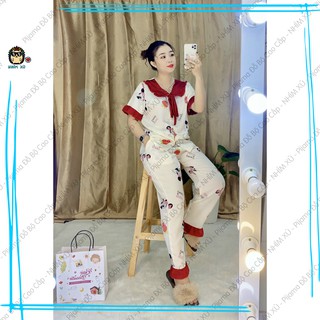 Đồ Bộ Ngủ Pijama Mặc Nhà Quần Dài Áo Tay Ngắn Cổ Bèo Tay Phồng Vải Satin Cao Cấp Mickey