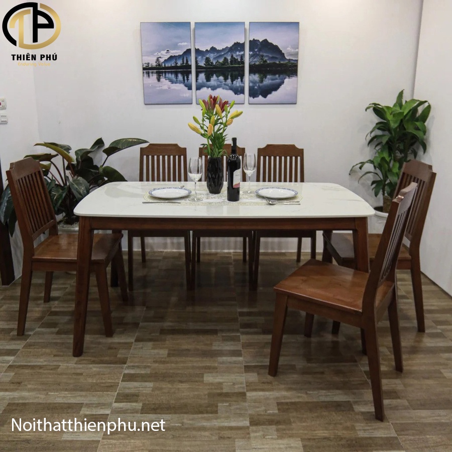 Bộ Bàn Ăn Gỗ Sồi Nga Mặt Đá Ceramic 6 Ghế Tựa Nan bán chạy nhất