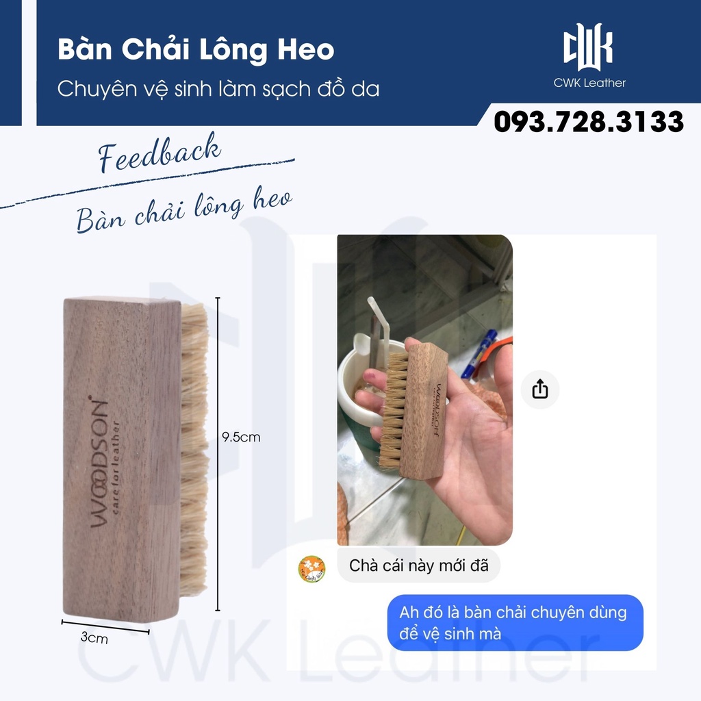 Bàn chải lông heo Woodson chuyên vệ sinh, làm sạch đồ da: túi xách, áo, ví, giày da