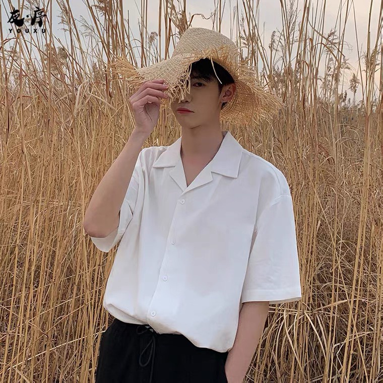 Áo sơ mi nam ngắn tay nam from Unisex cổ vét cá tính màu trắng