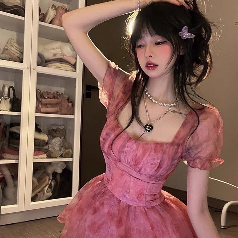 VÁY TƠ LỤA BABYDOLL HỒNG ÔM THẮT EO NỮ TÍNH