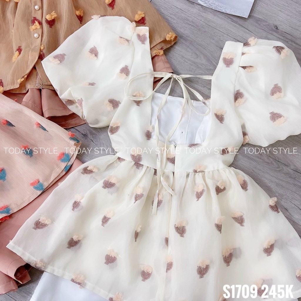 sét áo tay phồng cổ vuông dáng xòe quần đùi siêu dễ thương KL059