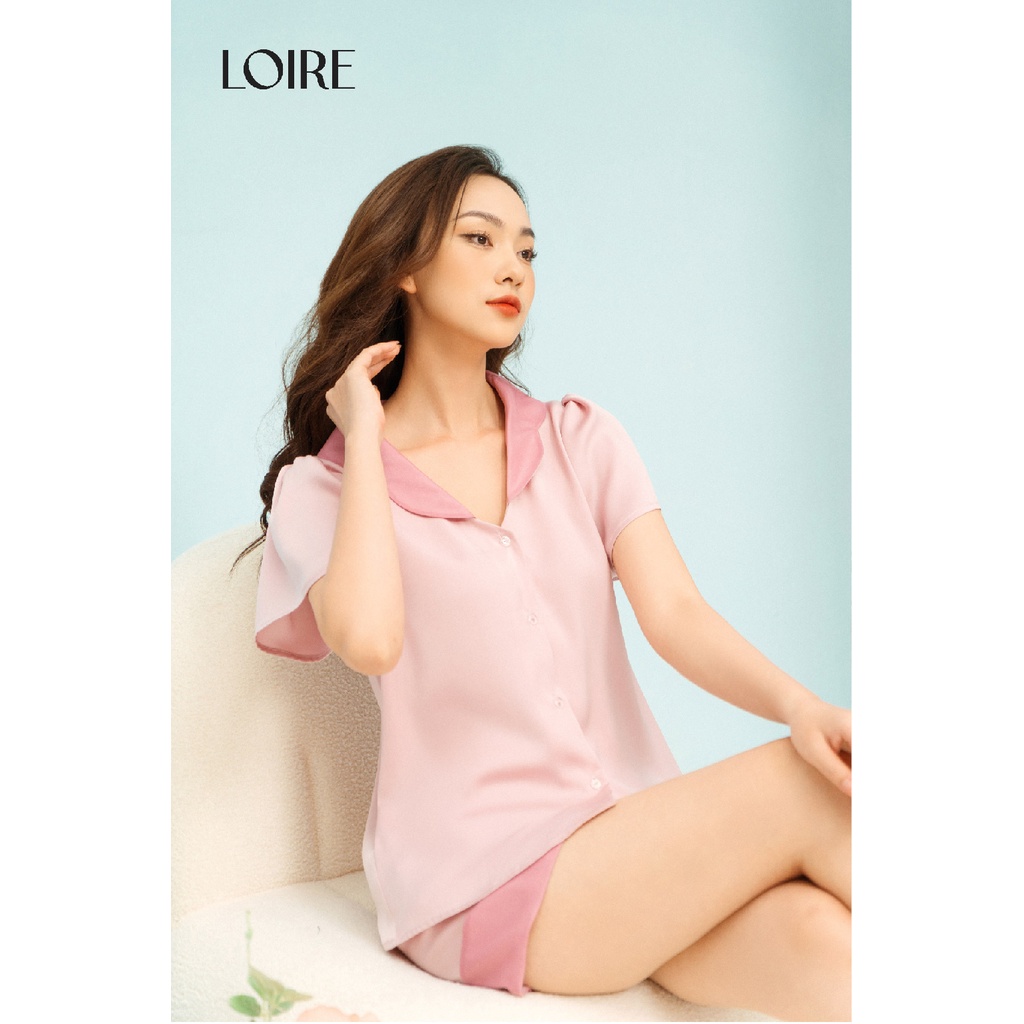 Bộ Pyjama Lụa Cổ Sóng Phối Tay Bồng Nhẹ Loirechic PCC04