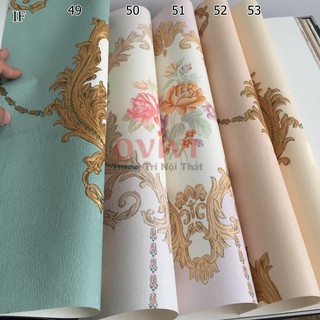Giấy Dán Tường Hoa Văn Châu Âu, Vân Nổi 3D Khổ 10m x 53cm, Lụa Không Keo Sẵn,Màu Vàng, Màu Nâu, Màu Trắng Đẹp