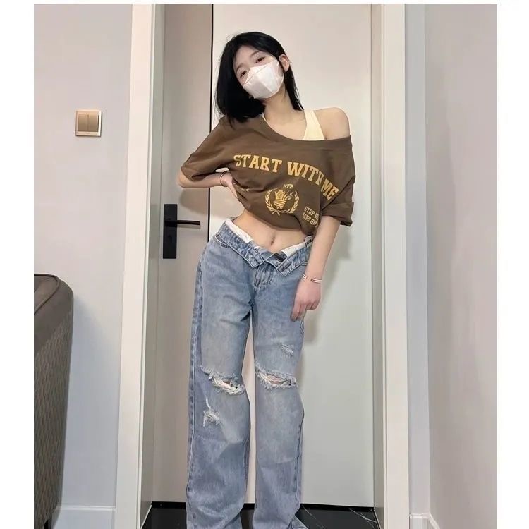 Áo Croptop Tay Ngắn Giả Hai Lớp In Họa Tiết Phong Cách Retro Mỹ Quyến Rũ Cho Nữ