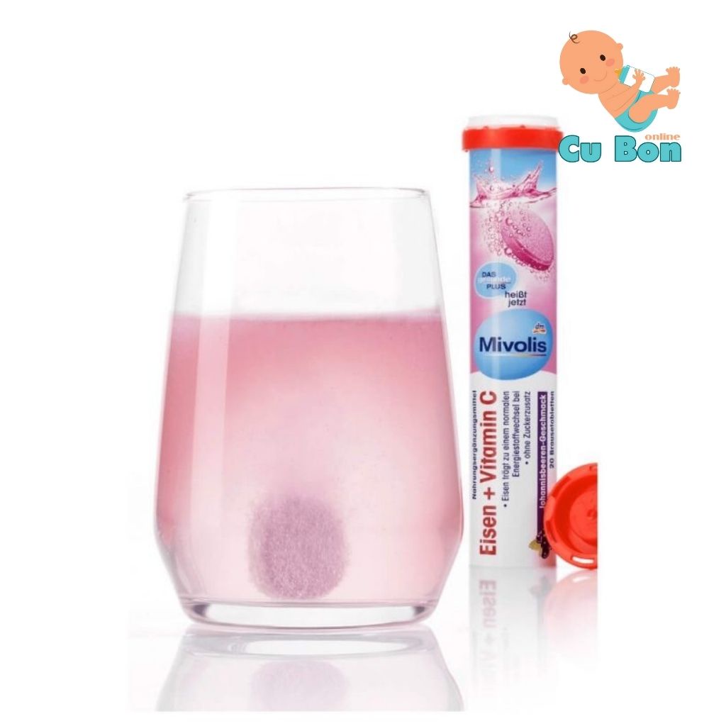 Viên Sủi Mivolis Bổ Sung Sắt Và Vitamin C Eisen của Đức hộp 20 viên hương trái cây Cassis Geschmack Ngăn ngừa thiếu máu