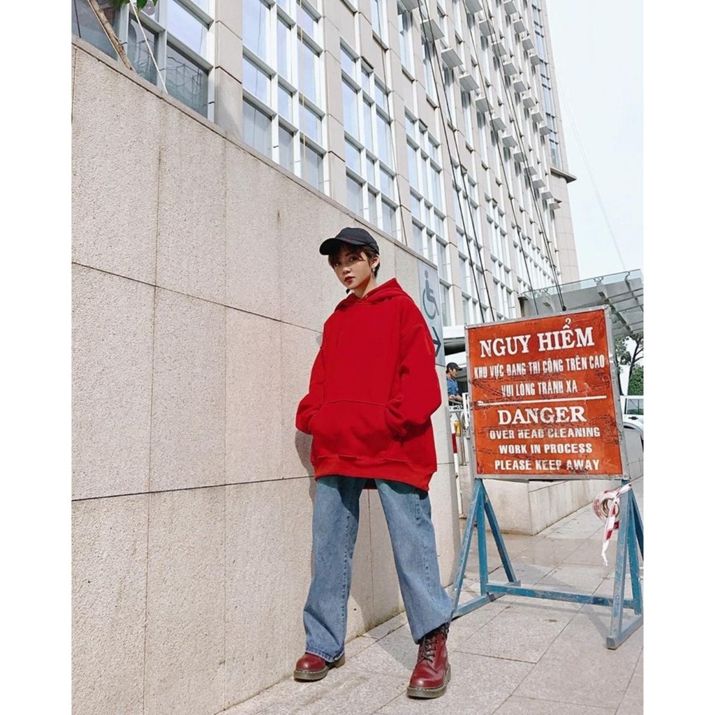 Hoodie đỏ trơn form rộng unisex | BigBuy360 - bigbuy360.vn