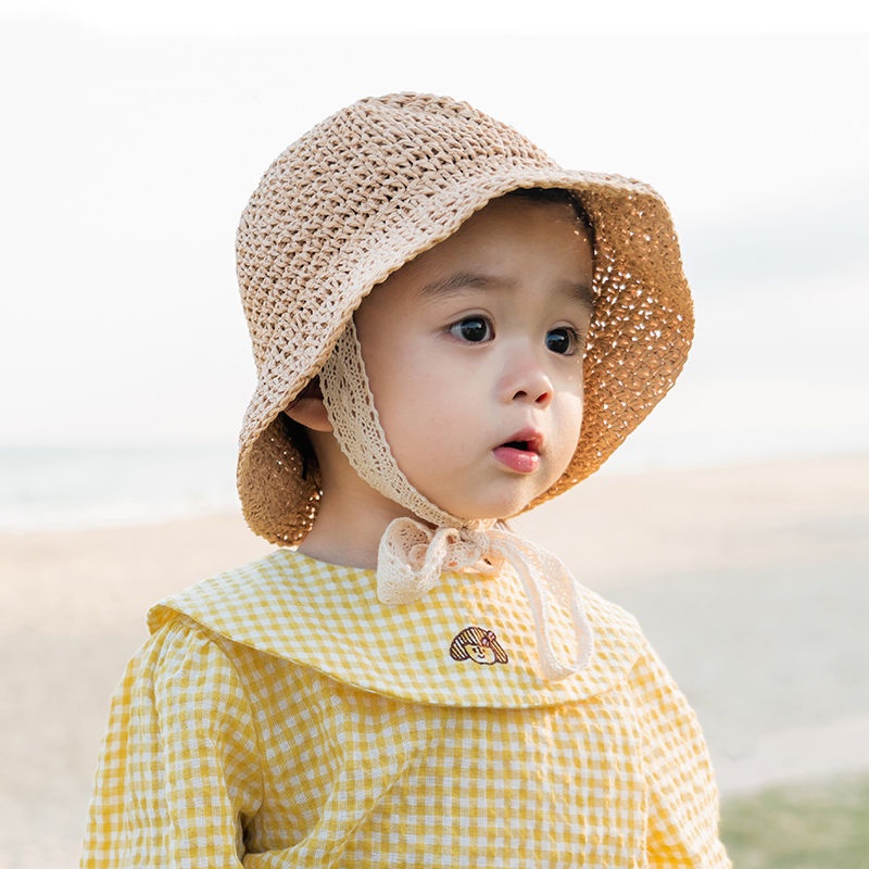 Mũ cói cho bé gái và bé trai có dây rút bên trong nón để vừa với vòng đầu bé