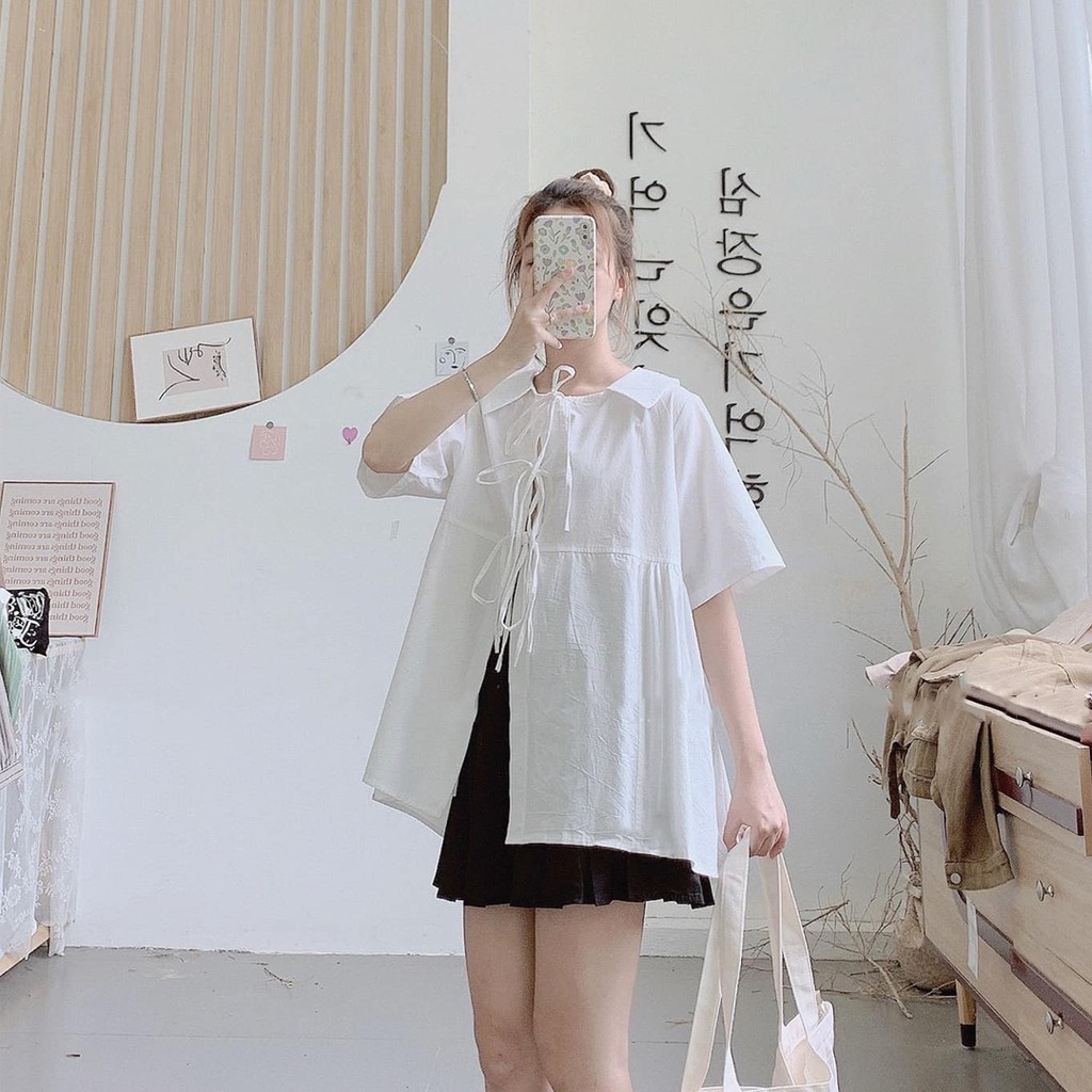 Áo sơ mi kiểu babydoll - Áo babydoll phối dây nơ tiểu thư Ulzzang