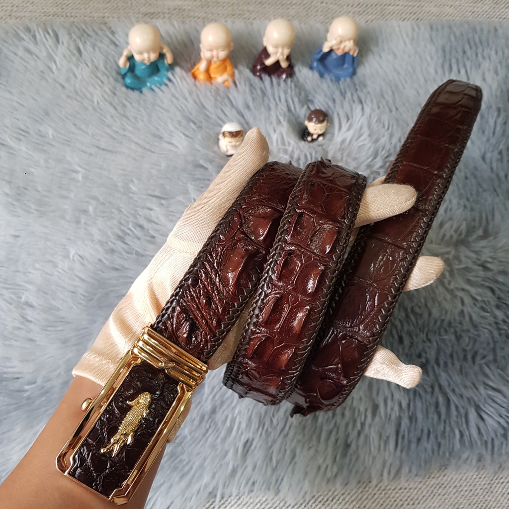 Dây Lưng Da Cá Sấu Đan Viền 3.5 Cm I Dây Lưng Da Cá Sấu Gù Lưng, Liền Nguyên Con Không Nối, Màu Nâu I Bảo Hành 24 Tháng