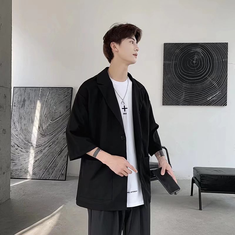 Áo Khoác Ngắn Tay Màu Trơn Phong Cách Hồng Kông Đơn Giản Dễ Phối Đồ Thời Trang Mùa Hè Cho Nam Size M-2XL