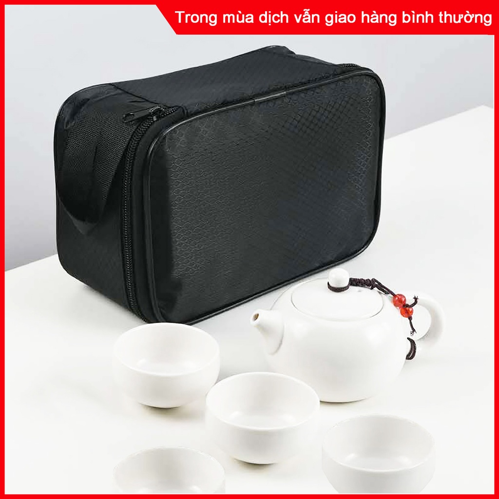 Du lịch Kung Fu Bộ ấm trà Bộ ấm trà di động bằng gốm sứ có hộp đựng Ấm trà Khay tách trà（xanh lá cây / trắng）