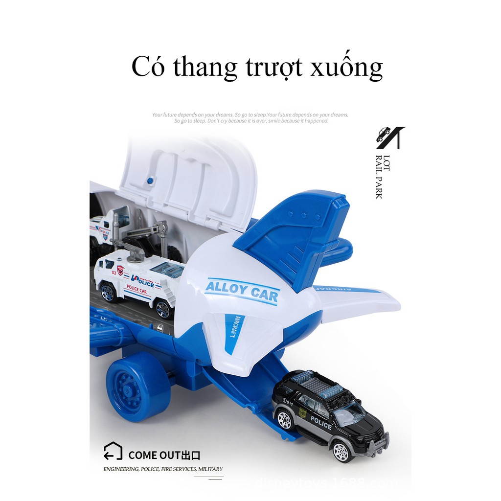 Bộ đồ chơi mô hình máy bay chứa 4 xe ô tô cảnh sát biển báo chạy pin kèm nhạc và phát sáng