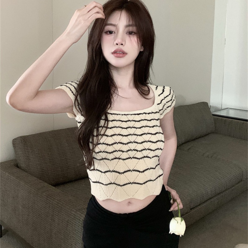 Áo Dệt Kim Ngắn Tay Cổ Vuông Họa Tiết Kẻ Sọc Thời Trang Cho Nữ