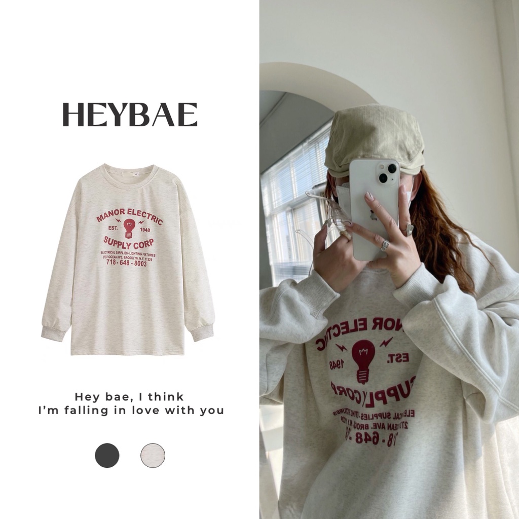Áo sweater nỉ vintage Bulb HEYBAE nỉ bông dày in hình áo nỉ chui đầu dáng rộng dài tay mùa đông AK042