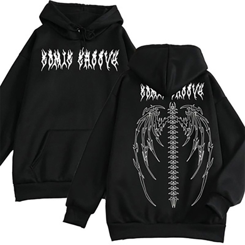Áo sweatshirt/ Áo hoodie tay dài dáng rộng mặc chui đầu in họa tiết xương đôi cánh quỷ cá tính thời trang unisex