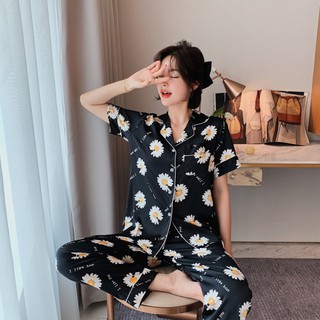 Bộ Đồ Ngủ Lụa 2 Món In Hoa Xinh Xắn Size M-5Xl đồ ngủ lụa váy ngủ lụa bigsize pijama lụa