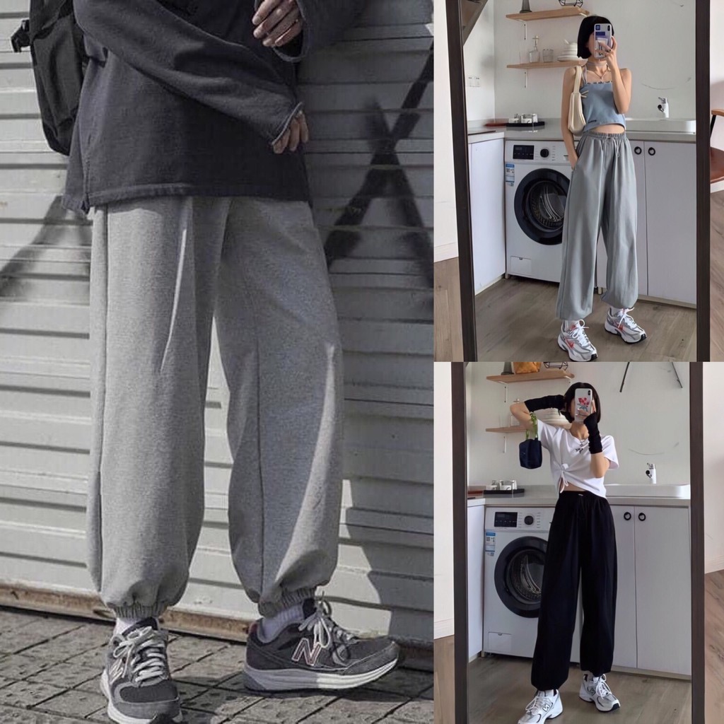 Quần jogger trơn bó ống chun 2 màu hot trend/ Quần nỉ bông ống thụng Unisex