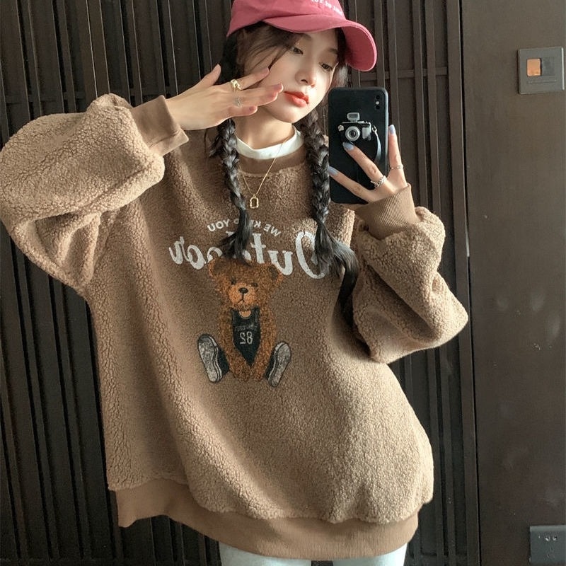 Áo khoác Sweater cổ tròn lót nhung lông cừu lót nhung màu sắc tương phản thời trang mùa đông cho nữ