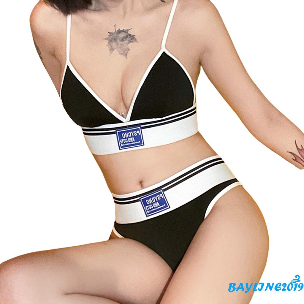 Bộ Đồ Lót 2 Mảnh Gồm Áo Hai Dây Chữ V Màu Đen Thêu Chữ Gối Quần Lót Lưng Cao Gợi Cảm Cho Nữ