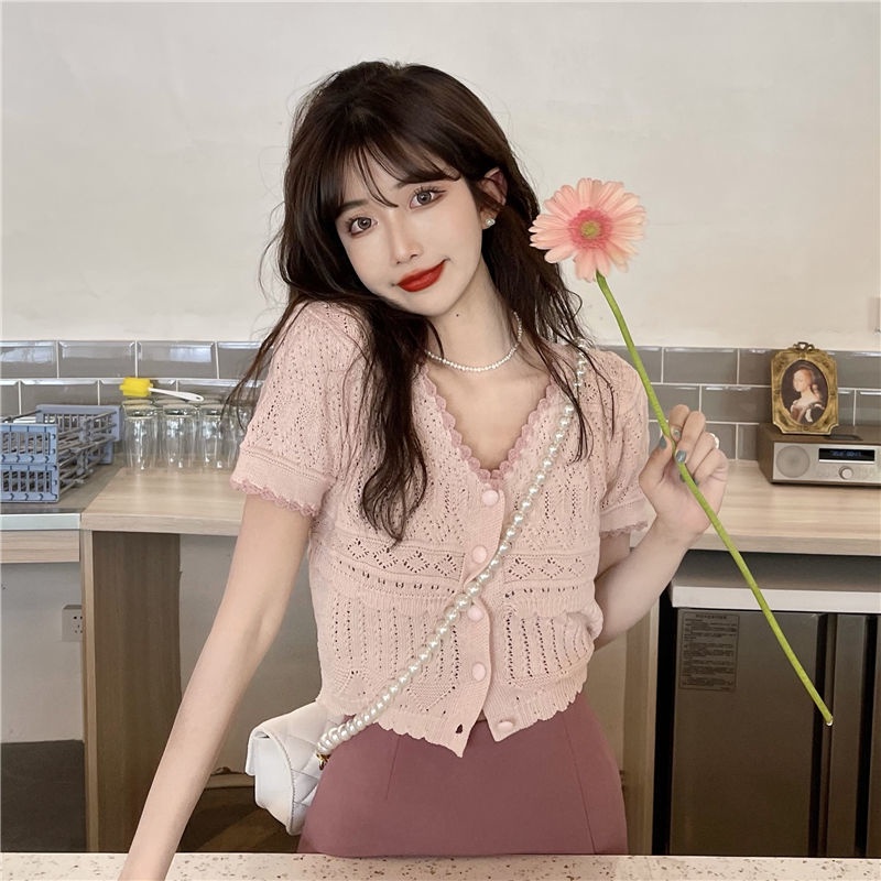 Áo Cardigan Dệt Kim Tay Ngắn Khoét Lỗ Màu Sắc Tương Phản Phong Cách Nhật Bản