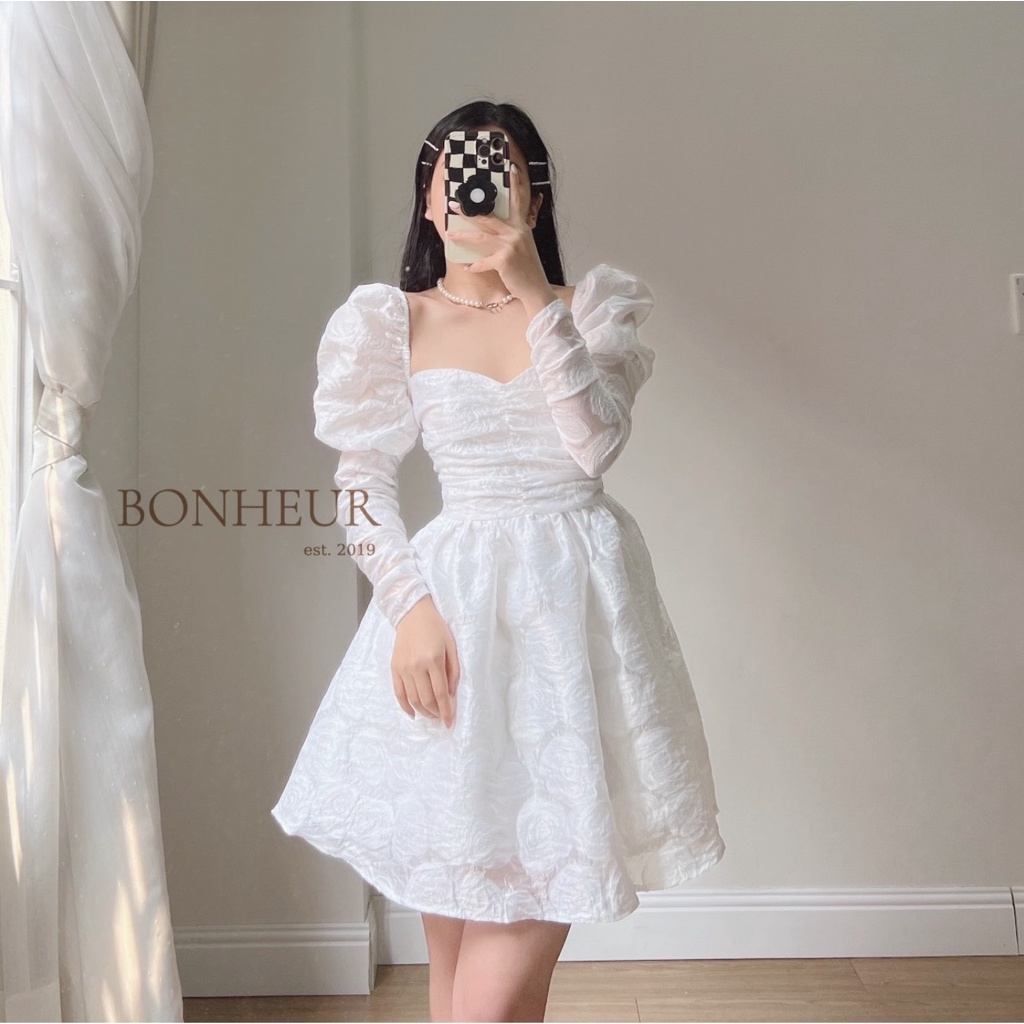 Váy tay bồng dài đầm xoè tơ hoa hồng tiểu thư phong cách công chúa thanh lịch bồng bềnh Bonrose Dress | BigBuy360 - bigbuy360.vn