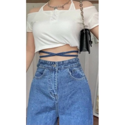 Quần jeans ống xuông rộng baggy lưng cao buộc dây bụng siêu hot - JJ0N