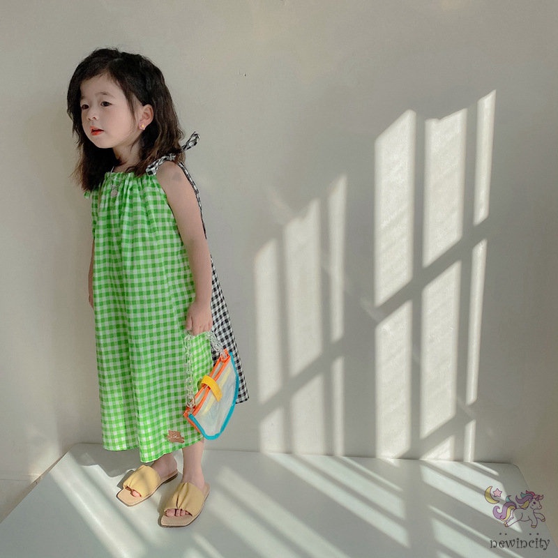 Đầm Hai Dây Họa Tiết Kẻ Sọc Thời Trang Mùa Hè Hàn Quốc Cho Bé Gái