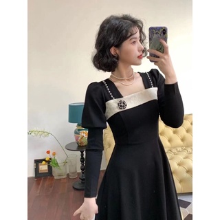 Đầm midi dài tay màu đen phong cách Pháp thanh lịch cổ điển thời trang mùa đông cho