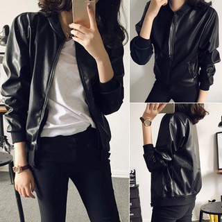 Women's PU Leather Zipper Slim Moto Biker Jacket