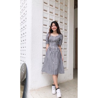 ĐẦM MIDI CỔ U PHỐI NÚT