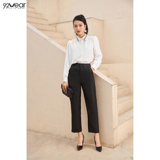 Áo sơ mi trắng nữ công sở 92WEAR đủ size, thiết kế dài tay thêu lá cổ ASW0848