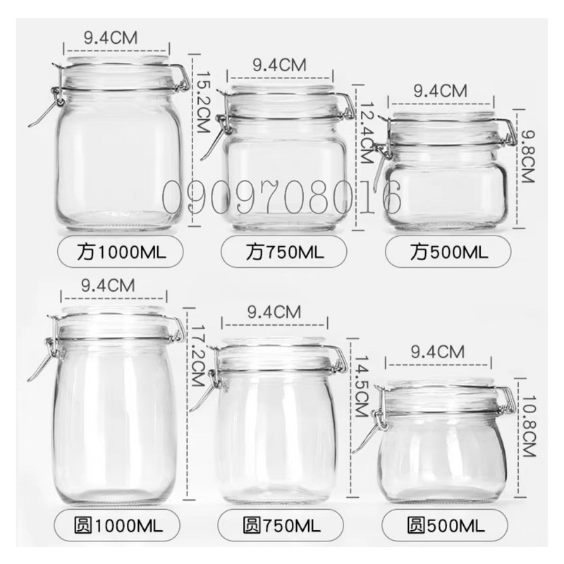 Hũ Thuỷ Tinh Vuông Nắp Cài Khoá 500ml 750ml 1000ml Đựng Đồ Ngâm Gia Vị