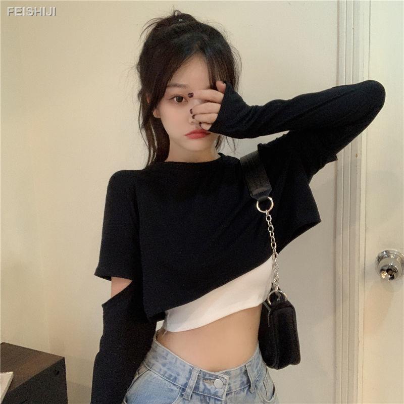 ∈¤☃2021 summer new design hollow fake two-piece long-sleeved T-shirt, female hit color and thin, all-match short top ins tide