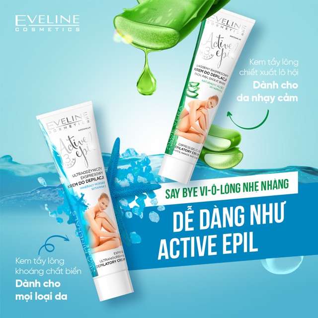 Kem Tẩy Lông Chiết Xuất Lô Hội, Khoáng Biển Sâu Dùng Cho Da Nhạy Cảm EVELINE ACTIVE EPIL (Tay,Chân, Nách, Bikini) 125ml