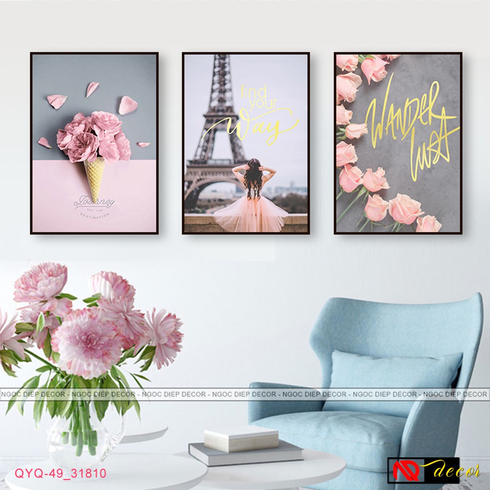 Tranh phòng khách treo tường Hoa 3D cao cấp decor phòng ngủ trang trí nhà cửa số hóa vintage nghệ thuật F68