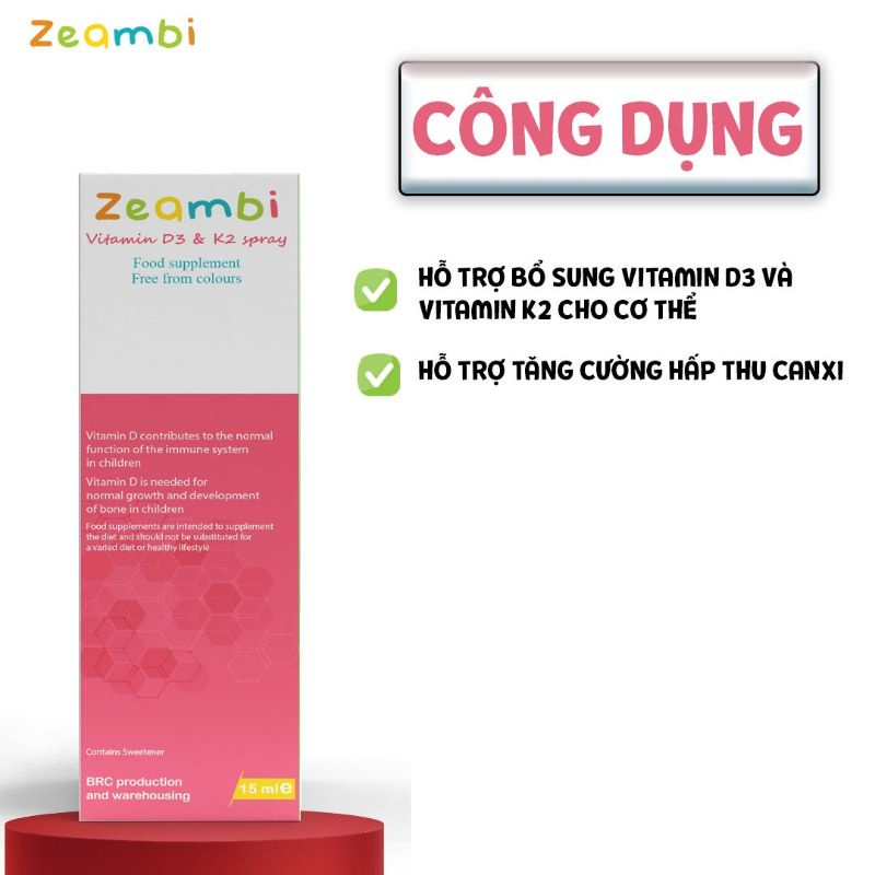 Vitamin D3K2 Zeambi dạng xịt nhập khẩu Anh Quốc 15ml ~ 110 xịt