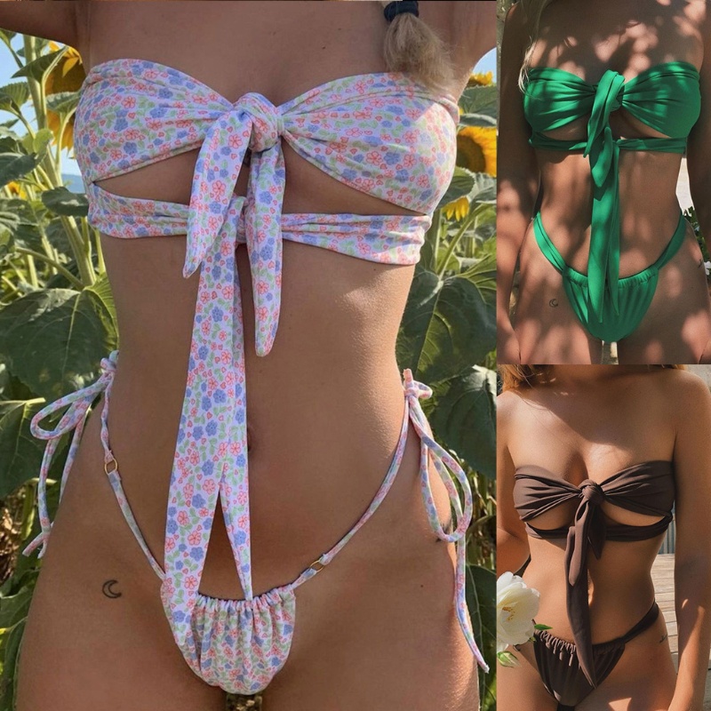 Bộ đồ bơi bikini 2 mảnh không dây thắt nơ rỗng gợi cảm cho nữ