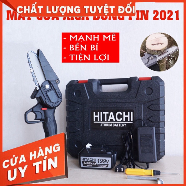 Máy cưa xích dùng pin HITACHI 199V - Máy cưa cắt cây siêu khỏe - Máy cưa xích mini - Máy cưa pin chu
