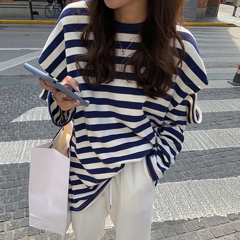 Jiashucheng Áo Thun Nữ Dài Tay Hở Vai Họa Tiết Sọc Ngang Phong Cách Mới
