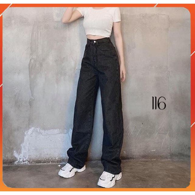 QUẦN JEAN ỐNG RỘNG NỮ ĐAI CAO ĐEN TRƠN MS116 [CLIP THẬT] [FREESHIP] hàng loại 1, chất vải dày