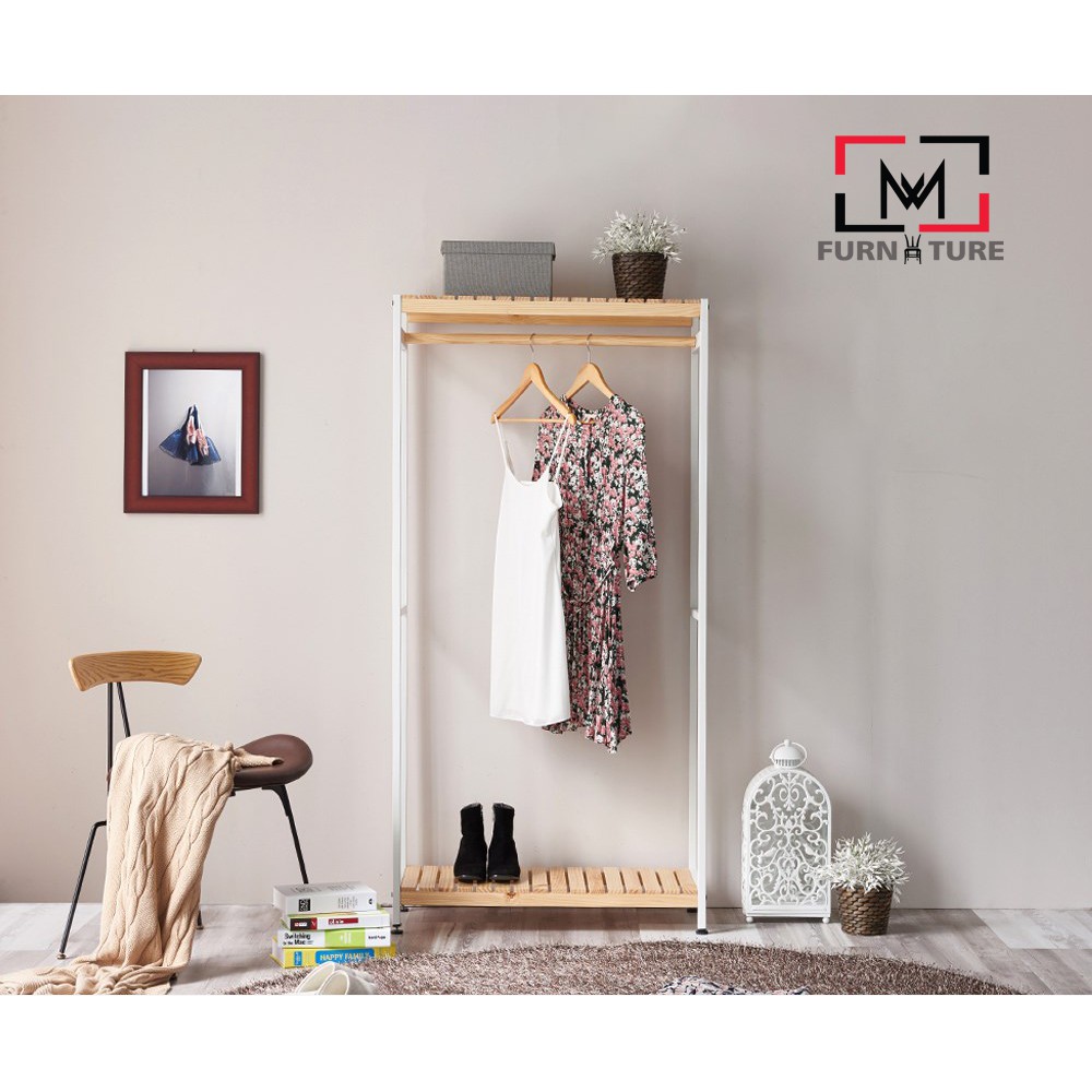 Combo tủ treo quần áo gỗ khung sắt tĩnh điện cao cấp màu trắng thương hiệu MW FURNITURE - Combo iron closet