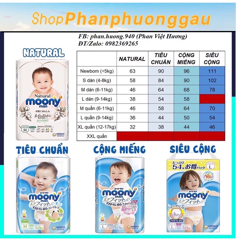 TÃ MOONY NATURAL/MOONY XANH NỘI ĐỊA dán/ quần NB63/S58/S50/M46qd/L38/L36/XL32